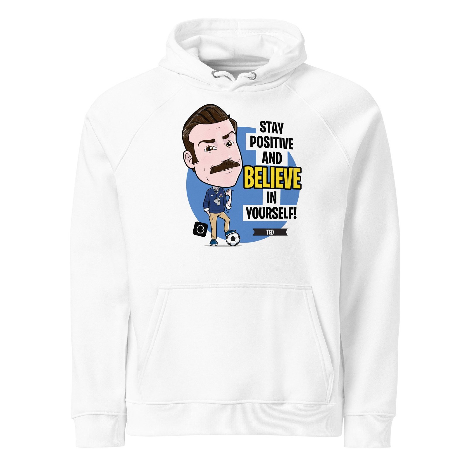 unisex-eco-raglan-hoodie-white-front-673c9c192fe74.jpg Ted Lasso - Coach Lasso – Premium Organic Hoodie - Image 1